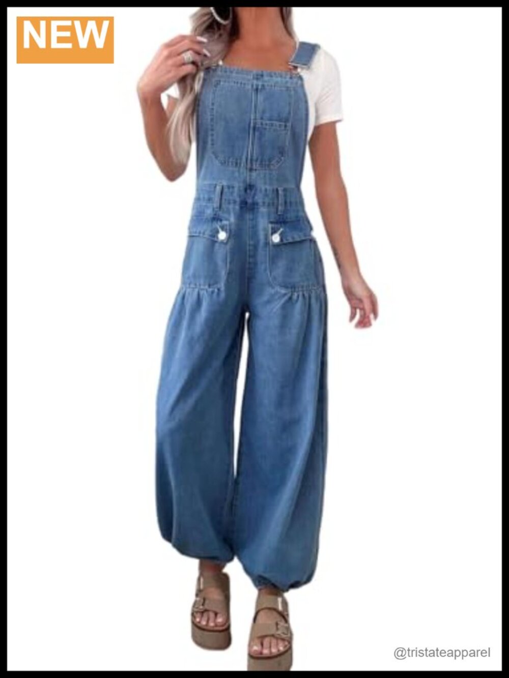 Adjustable Strap Drawstring Ankle Denim Overalls Wide Leg Baggy Sleeveless